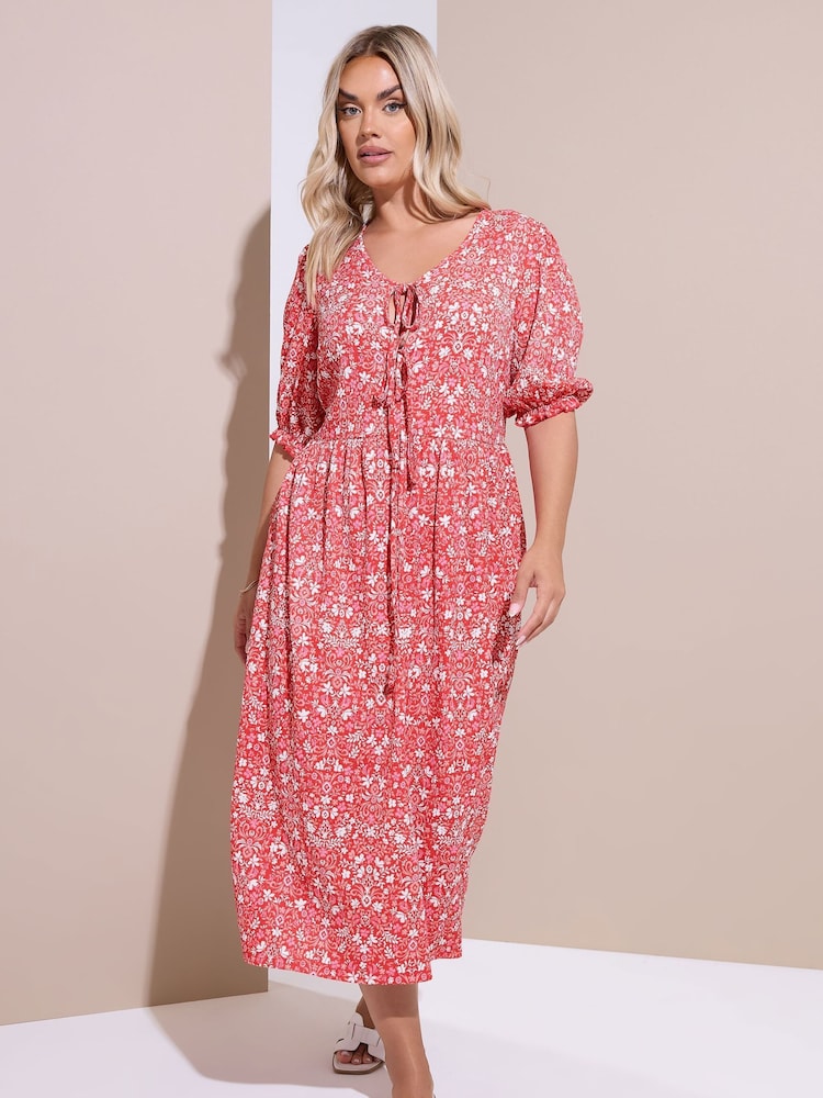 Yours Curve Red Bow Front Midaxi Dress - Image 1 of 5