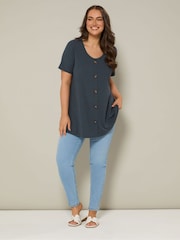 Yours Curve Blue Button Front Swing T-Shirt - Image 2 of 5