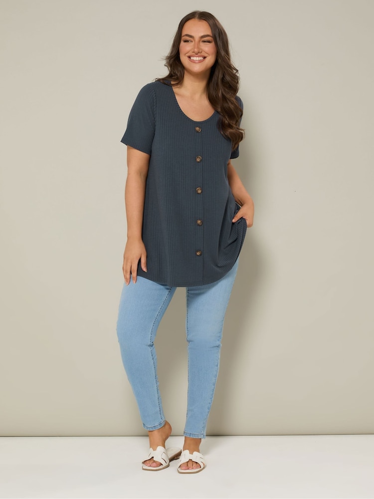 Yours Curve Blue Button Front Swing T-Shirt - Image 2 of 5