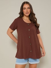 Yours Curve Brown Button Front Swing T-Shirt - Image 1 of 5