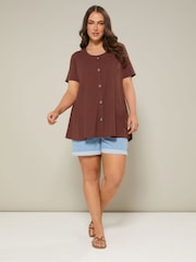 Yours Curve Brown Button Front Swing T-Shirt - Image 2 of 5