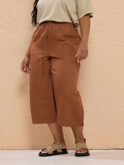 Yours Curve Brown Linen Look Skinny Cropped Trousers - Image 1 of 5