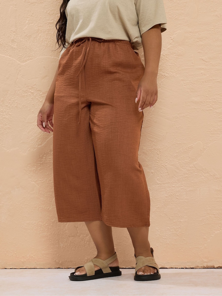 Yours Curve Brown Linen Look Skinny Cropped Trousers - Image 1 of 5