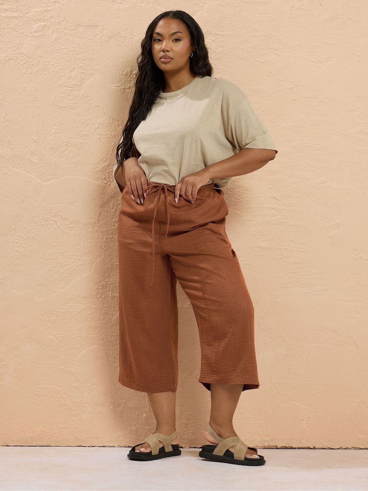 Yours Curve Brown Linen Look Skinny Cropped Trousers - Image 2 of 5