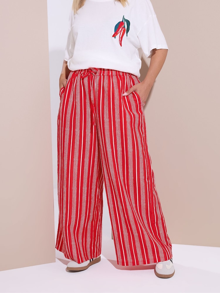 Yours Curve Red Textured Stripe Wide Leg Trousers - Image 1 of 5
