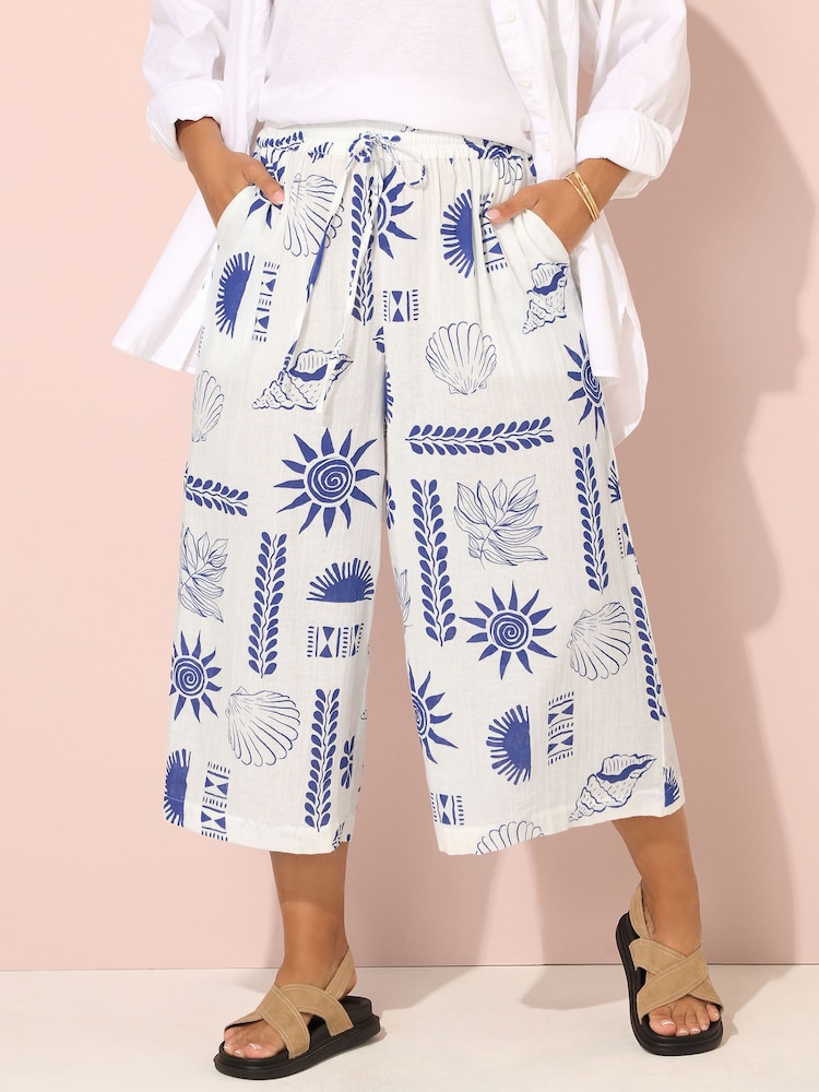 Yours Curve Blue Woven Crinkle Midaxi Trousers - Image 1 of 5