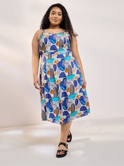 Yours Curve Blue Shirred Back Sun Dress - Image 1 of 6