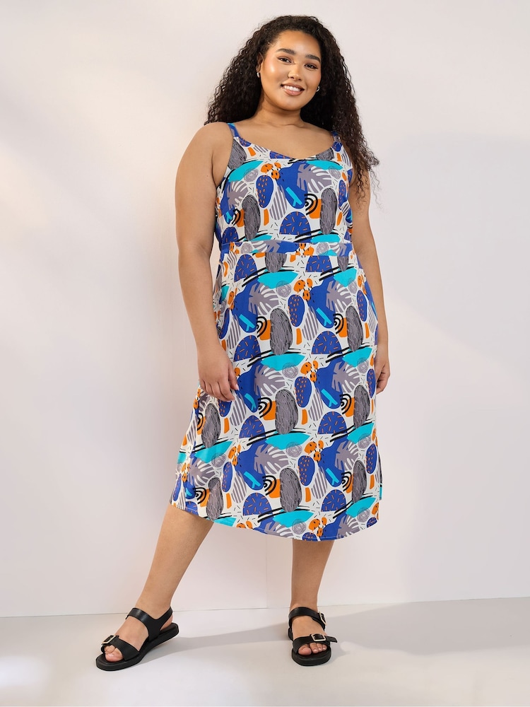 Yours Curve Blue Shirred Back Sun Dress - Image 2 of 6