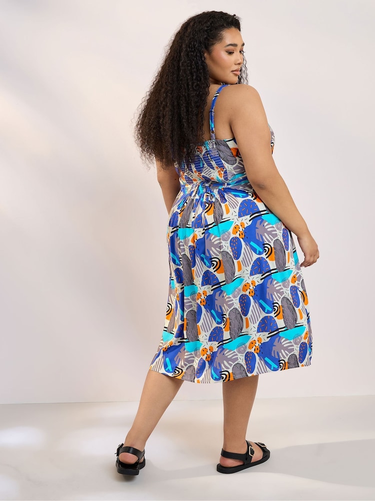 Yours Curve Blue Shirred Back Sun Dress - Image 3 of 6