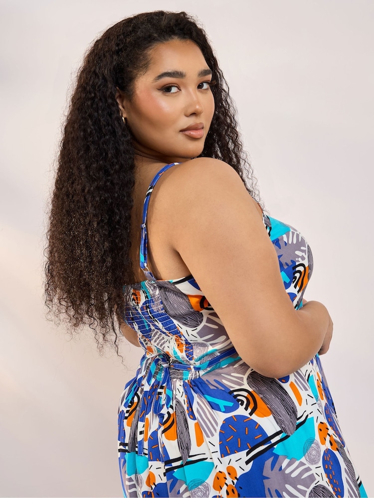 Yours Curve Blue Shirred Back Sun Dress - Image 5 of 6