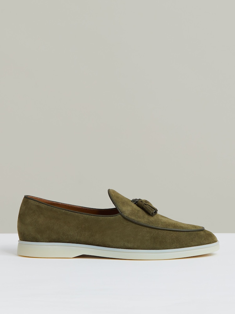 Reiss Moss Green Harrison Suede Tassel Loafers - Image 1 of 5
