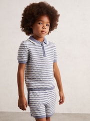 Reiss Blue/White Keaton Knitted Stripe Half Zip Polo Shirt - Image 1 of 4