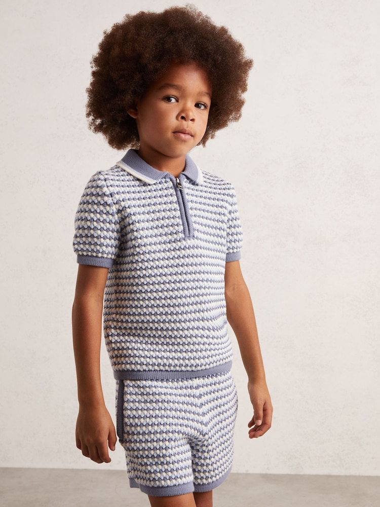 Reiss Blue/White Keaton Knitted Stripe Half Zip Polo Shirt - Image 1 of 4