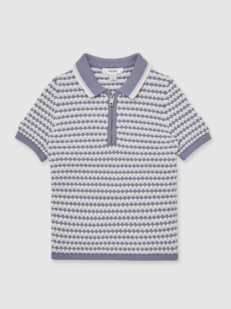 Reiss Blue/White Keaton Knitted Stripe Half Zip Polo Shirt - Image 2 of 4