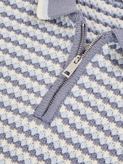 Reiss Blue/White Keaton Knitted Stripe Half Zip Polo Shirt - Image 4 of 4