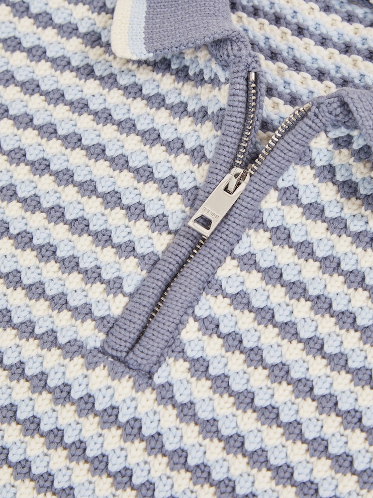 Reiss Blue/White Keaton Knitted Stripe Half Zip Polo Shirt - Image 4 of 4
