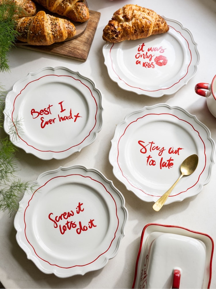 Rockett St George Set of 4 Red/Cream Lipstick Side Plates - Image 1 of 6