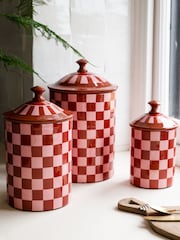 Rockett St George Set of 3 Pink/Orange Checkerboard Nesting Enamel Storage Tins - Image 1 of 5