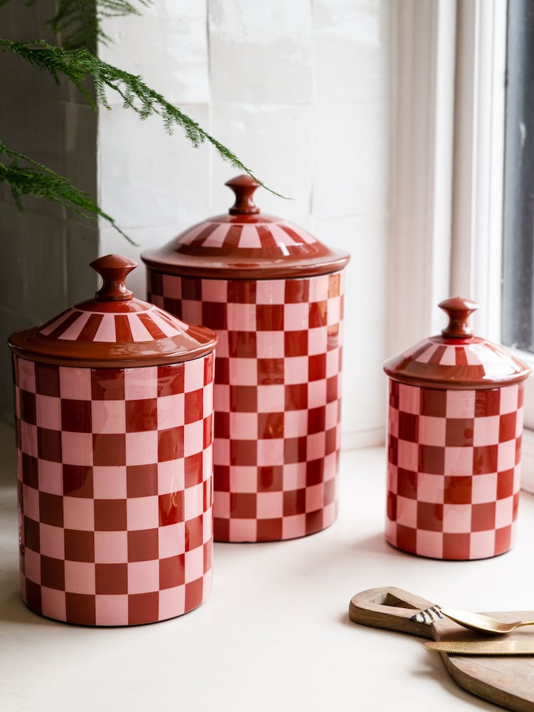 Rockett St George Set of 3 Pink/Orange Checkerboard Nesting Enamel Storage Tins - Image 1 of 5 Rockett St George Set of 3 Pink/Orange Checkerboard Nesting Enamel Storage Tins - Image 1 of 5