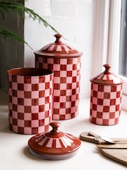 Rockett St George Set of 3 Pink/Orange Checkerboard Nesting Enamel Storage Tins - Image 4 of 5