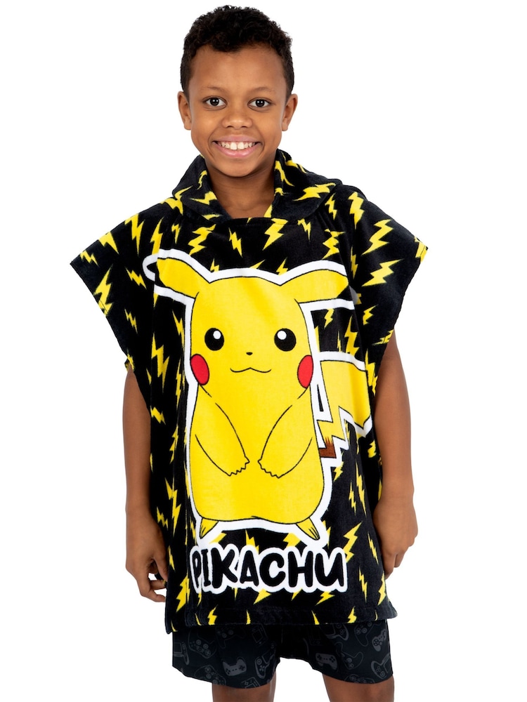 Character Black Pokemon Pikachu Hooded 100% Cotton Towel Poncho - Image 1 of 12