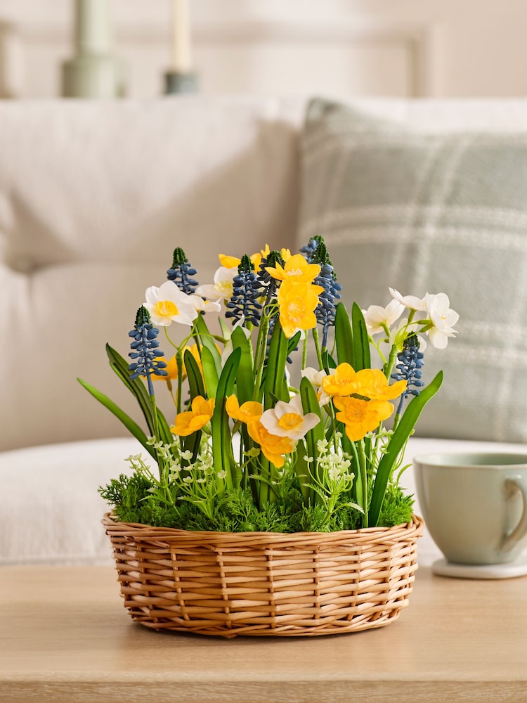 Yellow Artificial Spring Florals In a Woven Wicker Basket - Image 1 of 3