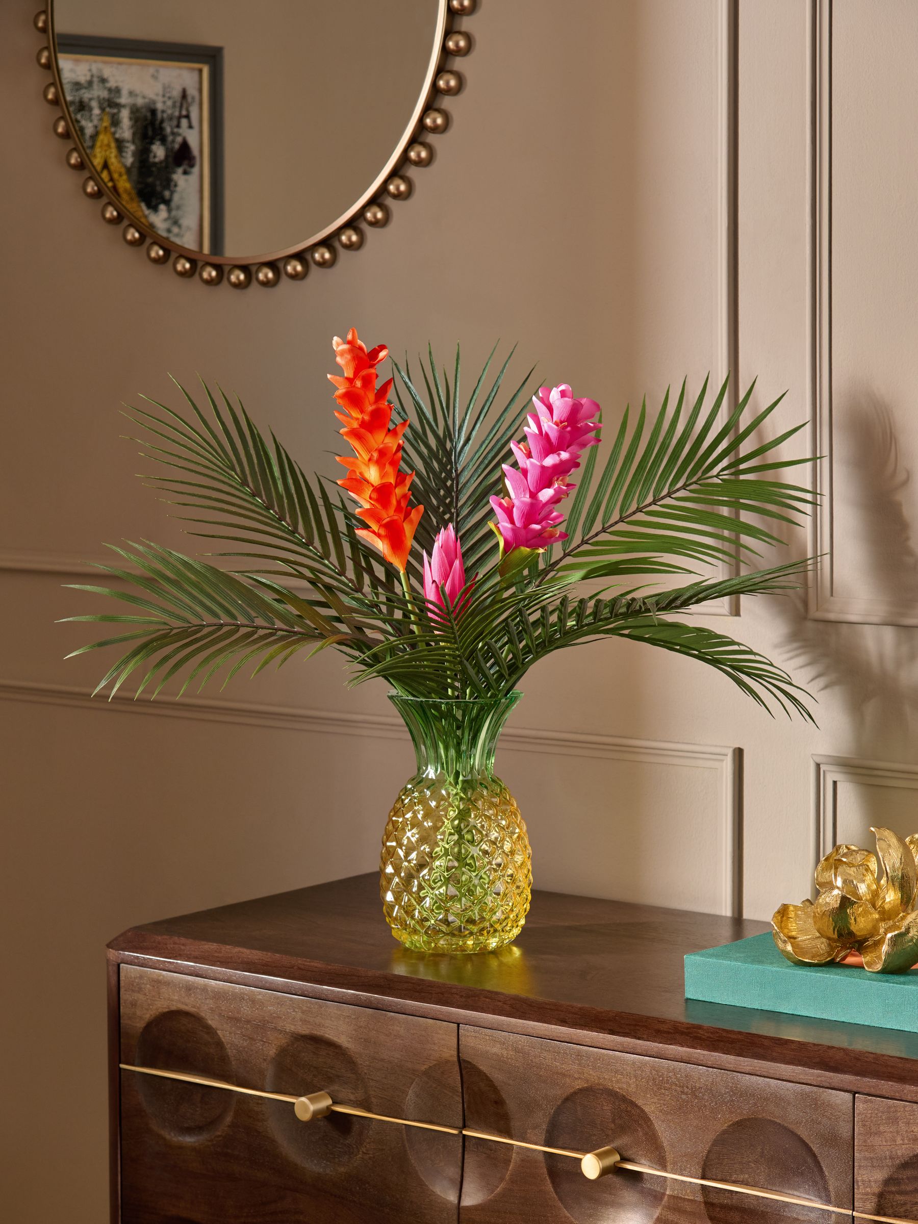 Multicolour Exotic Artificial Floral Arrangement in Pineapple Shape Glass Vase