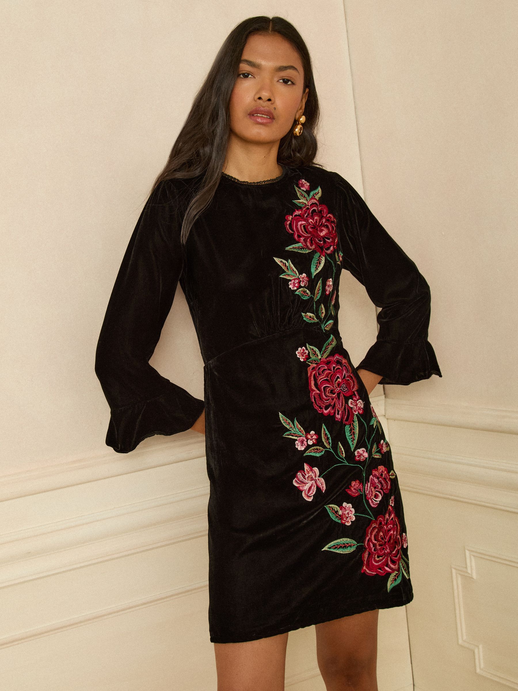 Buy Love & Roses Black Velvet Rose Embroidered Mini Dress from