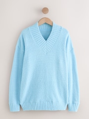 Blue Fluffy Teddy Cosy V-Neck Long Sleeve Jumper - Image 1 of 3