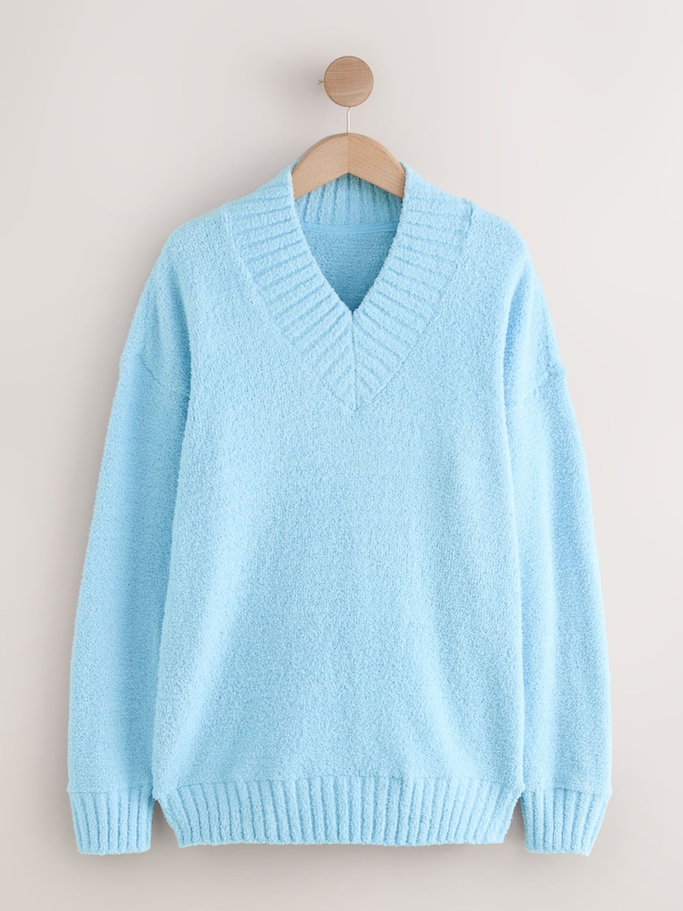 Blue Fluffy Teddy Cosy V-Neck Long Sleeve Jumper - Image 1 of 3