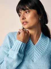 Blue Fluffy Teddy Cosy V-Neck Long Sleeve Jumper - Image 4 of 8