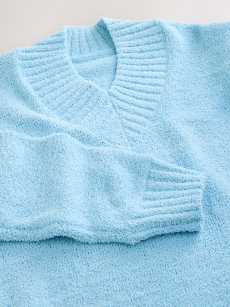 Blue Fluffy Teddy Cosy V-Neck Long Sleeve Jumper - Image 8 of 8