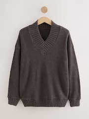 Chocolate Brown Fluffy Teddy Cosy V-Neck Long Sleeve Jumper - Image 1 of 3