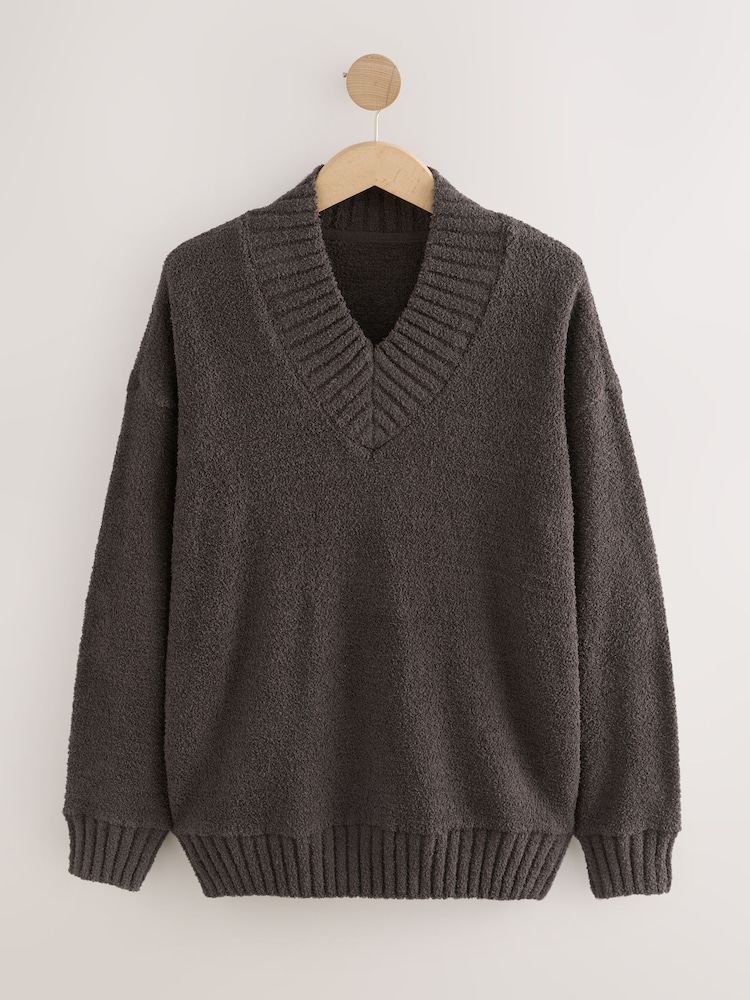Chocolate Brown Fluffy Teddy Cosy V-Neck Long Sleeve Jumper - Image 1 of 3