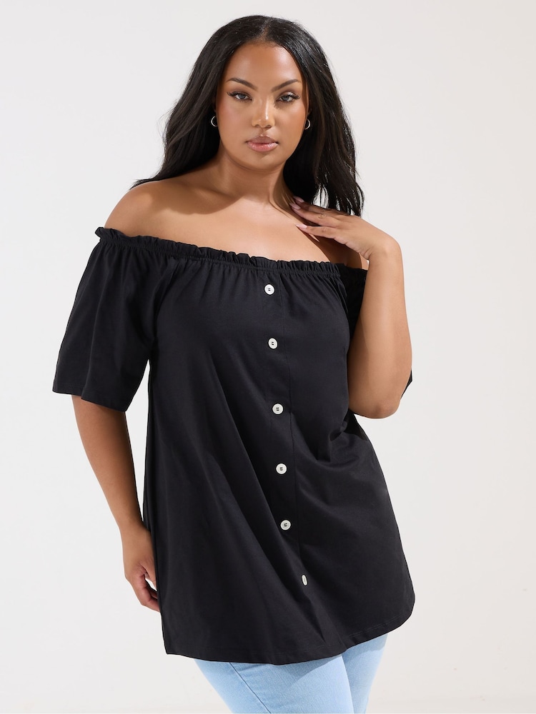 Yours Curve Black Frill Bardot Button Front Top - Image 1 of 5