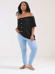 Yours Curve Black Frill Bardot Button Front Top - Image 2 of 5