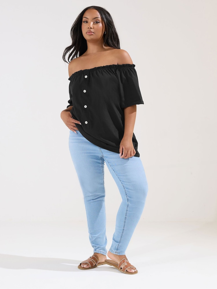 Yours Curve Black Frill Bardot Button Front Top - Image 2 of 5