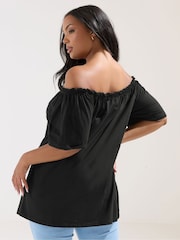 Yours Curve Black Frill Bardot Button Front Top - Image 3 of 5