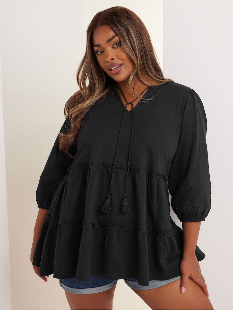 Yours Curve Black Slub Tierred Boho 100% Cotton Top - Image 1 of 5