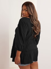 Yours Curve Black Slub Tierred Boho 100% Cotton Top - Image 3 of 5