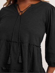 Yours Curve Black Slub Tierred Boho 100% Cotton Top - Image 4 of 5