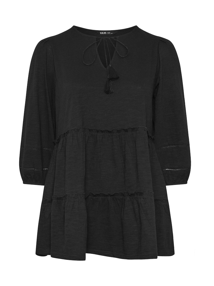 Yours Curve Black Slub Tierred Boho 100% Cotton Top - Image 5 of 5