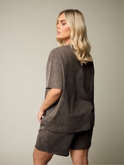 Yours Curve Brown Acid Wash Jogger Shorts - Image 2 of 6