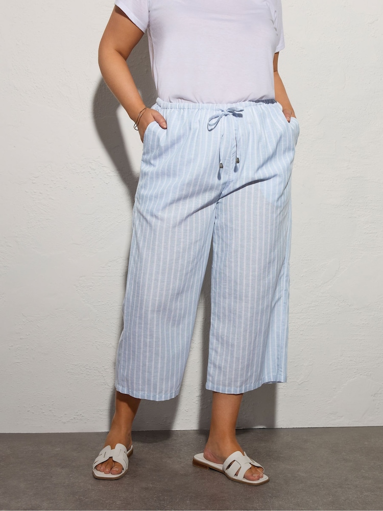 Yours Curve Blue Stripe Linen Skinny Waist Culottes - Image 1 of 5