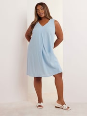 Yours Curve Blue Pleated Front Dress Containing Linen - Image 1 of 5