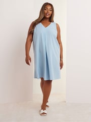 Yours Curve Blue Pleated Front Dress Containing Linen - Image 2 of 5