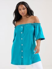 Yours Curve Blue Frill Bardot Button Front 100% Cotton Top - Image 1 of 5