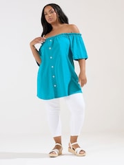 Yours Curve Blue Frill Bardot Button Front 100% Cotton Top - Image 2 of 5