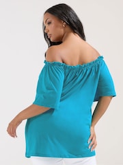 Yours Curve Blue Frill Bardot Button Front 100% Cotton Top - Image 3 of 5