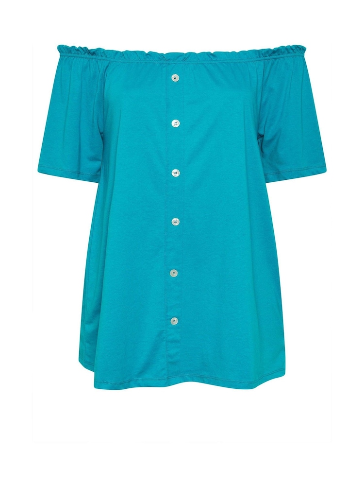 Yours Curve Blue Frill Bardot Button Front 100% Cotton Top - Image 5 of 5